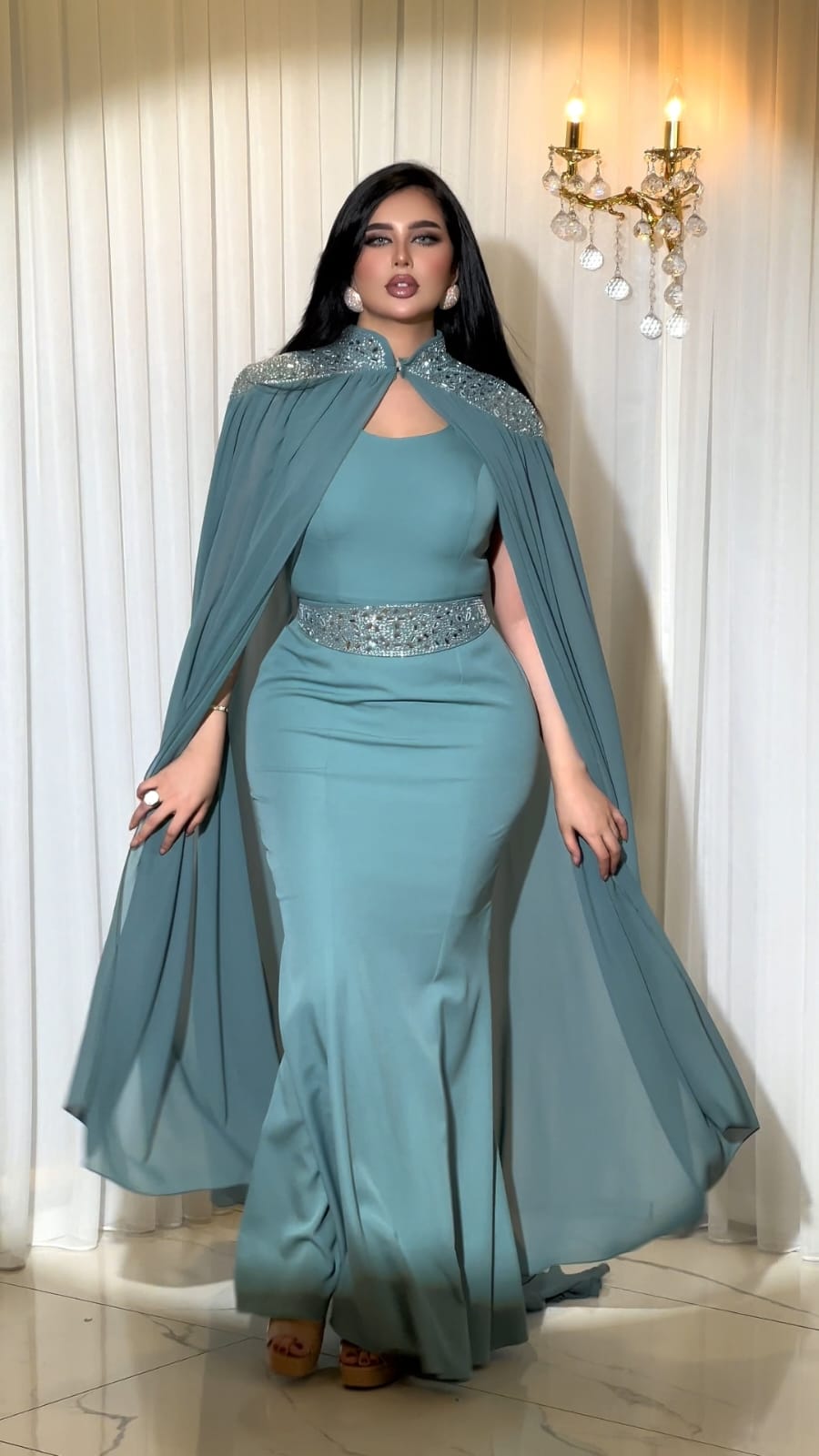 فستان سهرة كريب مع كارديجان شيفون
