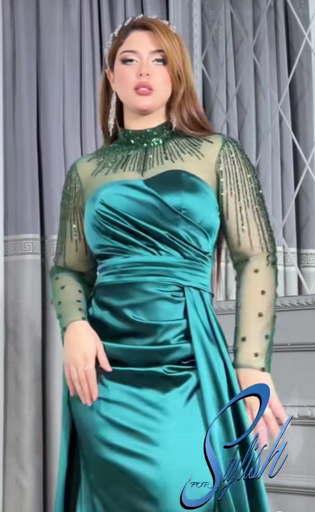 فستان سهرة ستان وتول مشغول