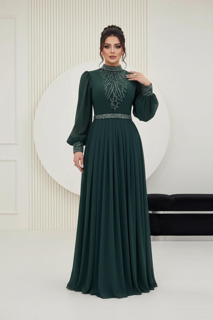 فستان راقي اخضر مشغول