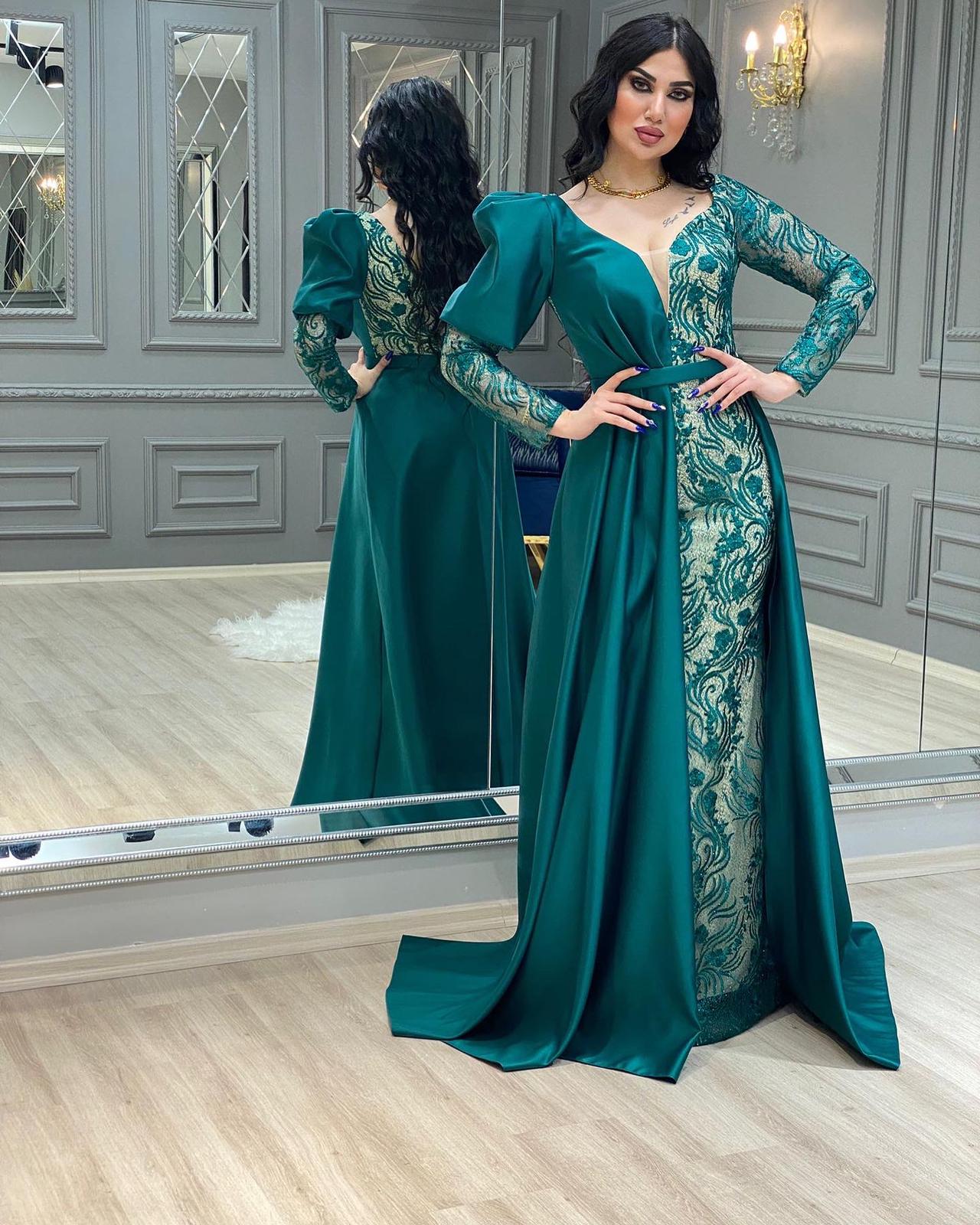 فستان سهرة طويل ستان مع دانتيل