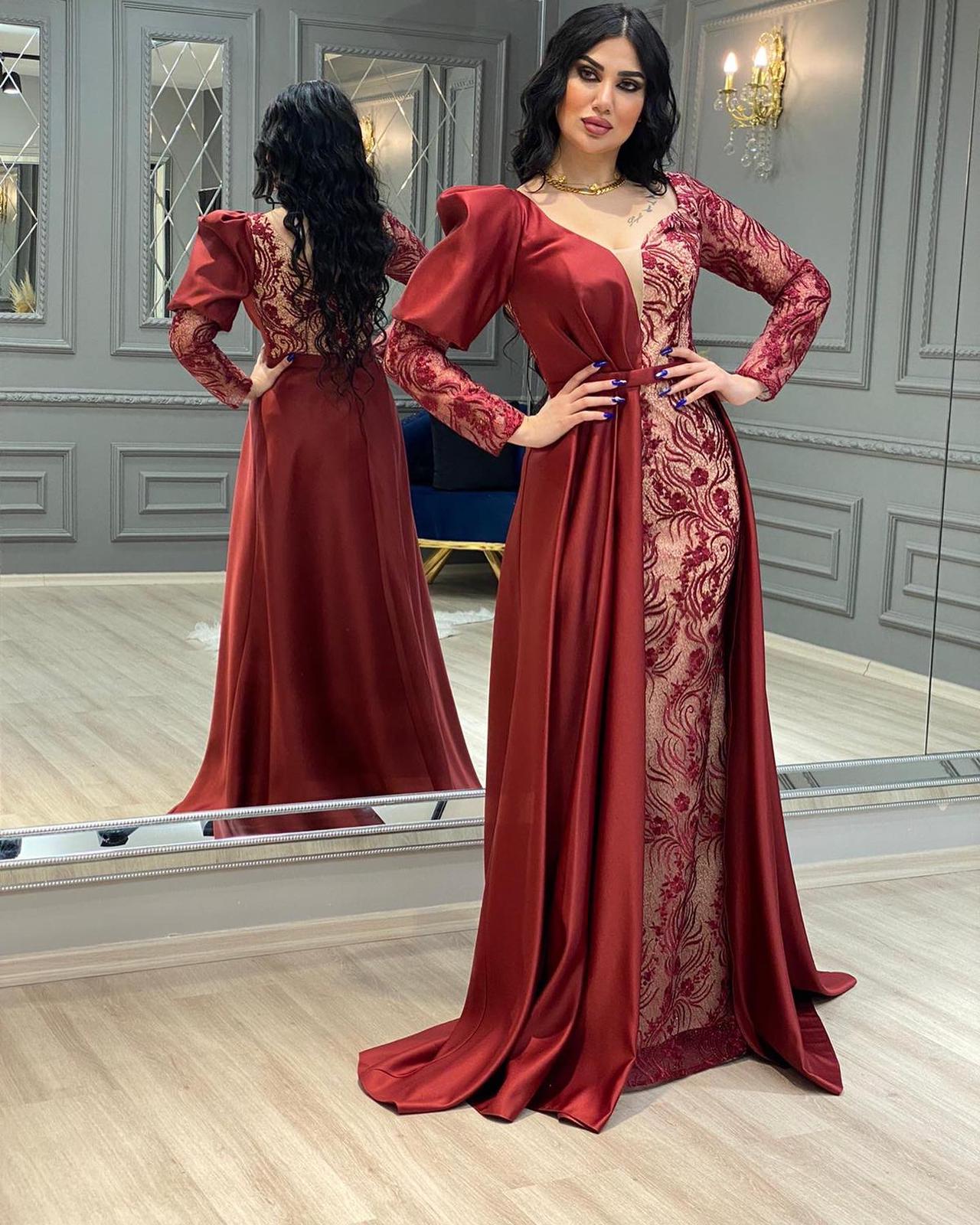 فستان سهرة طويل ستان مع دانتيل