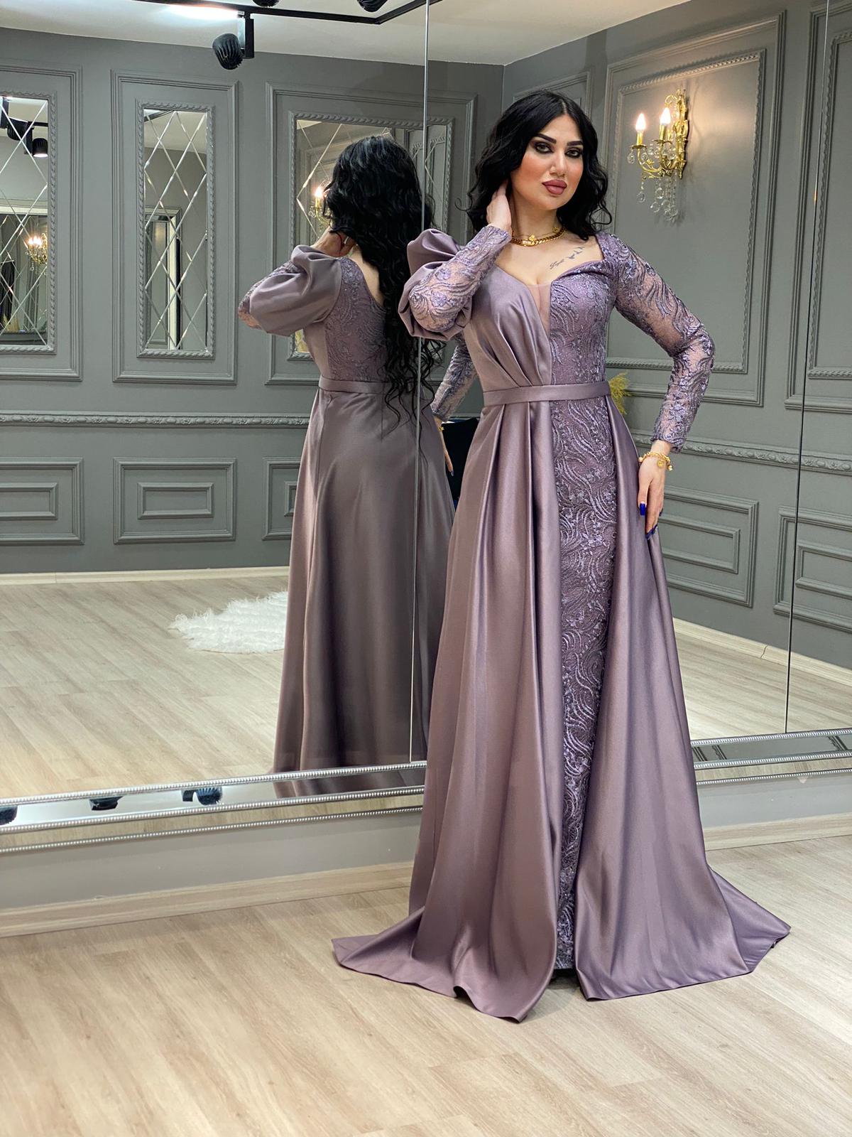 فستان سهرة طويل ستان مع دانتيل